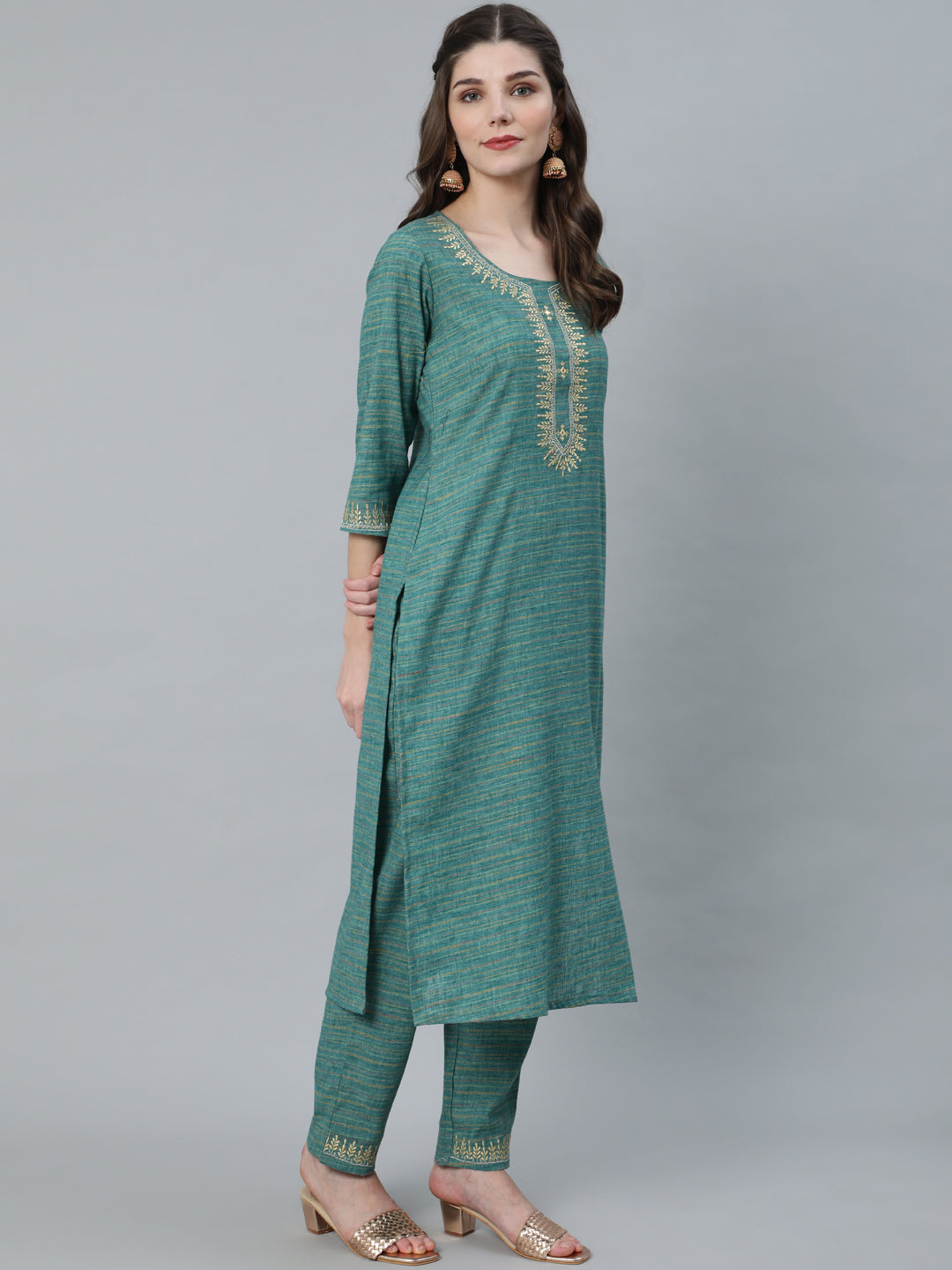 Pastel Blue Striped Embroidered Kurta With Pant - Elganza
