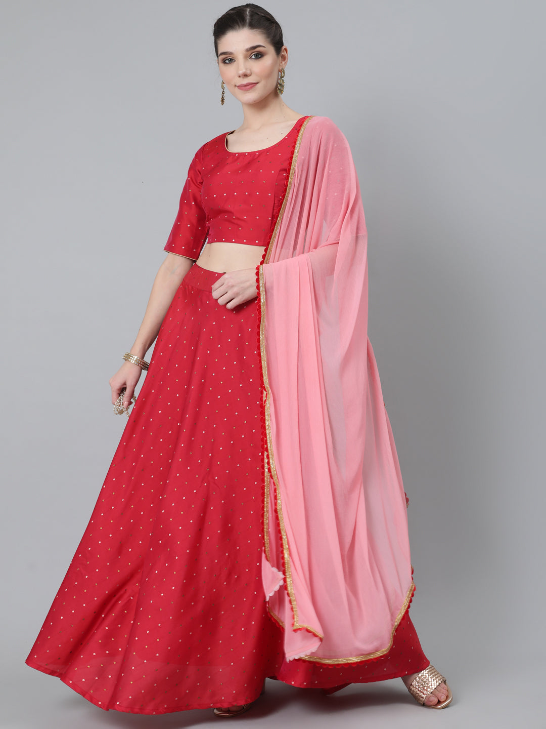 Red Dobby Woven Designed Lehenga Choli With Dupatta - Elganza