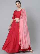 Red Dobby Woven Designed Lehenga Choli With Dupatta - Elganza