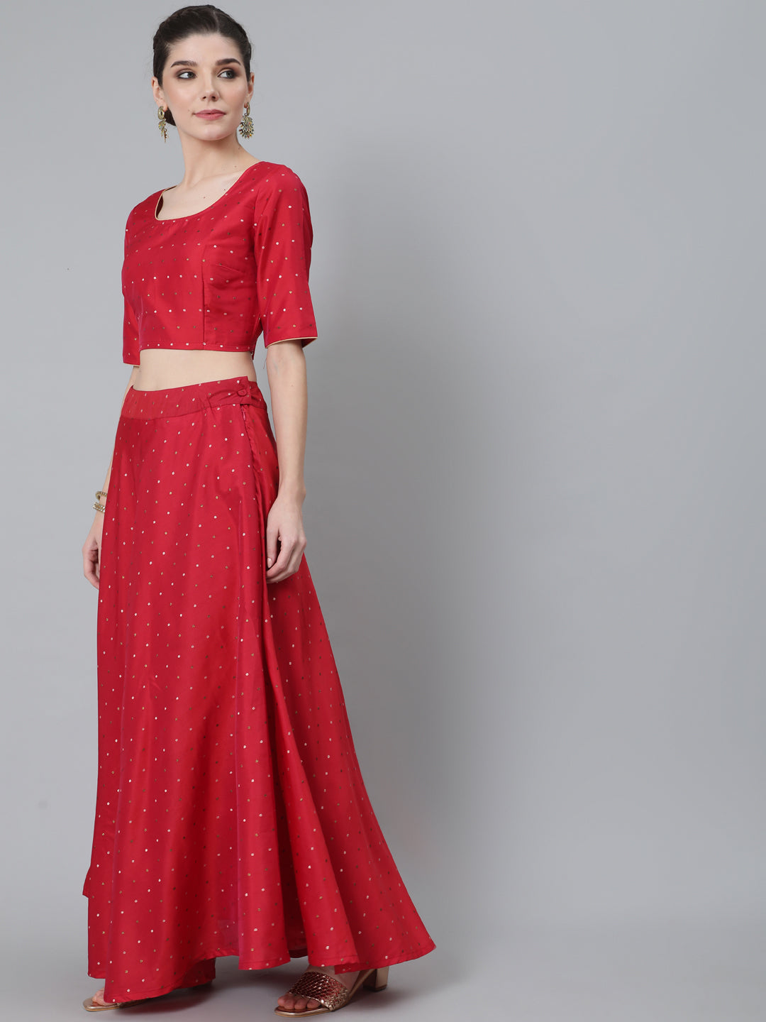 Red Dobby Woven Designed Lehenga Choli With Dupatta - Elganza