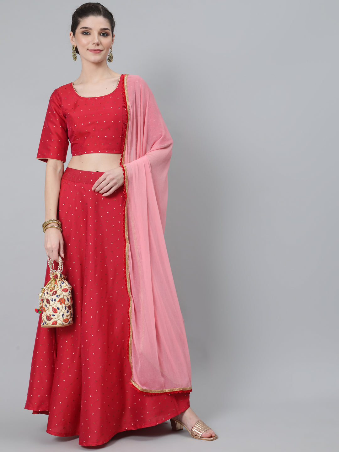 Red Dobby Woven Designed Lehenga Choli With Dupatta - Elganza
