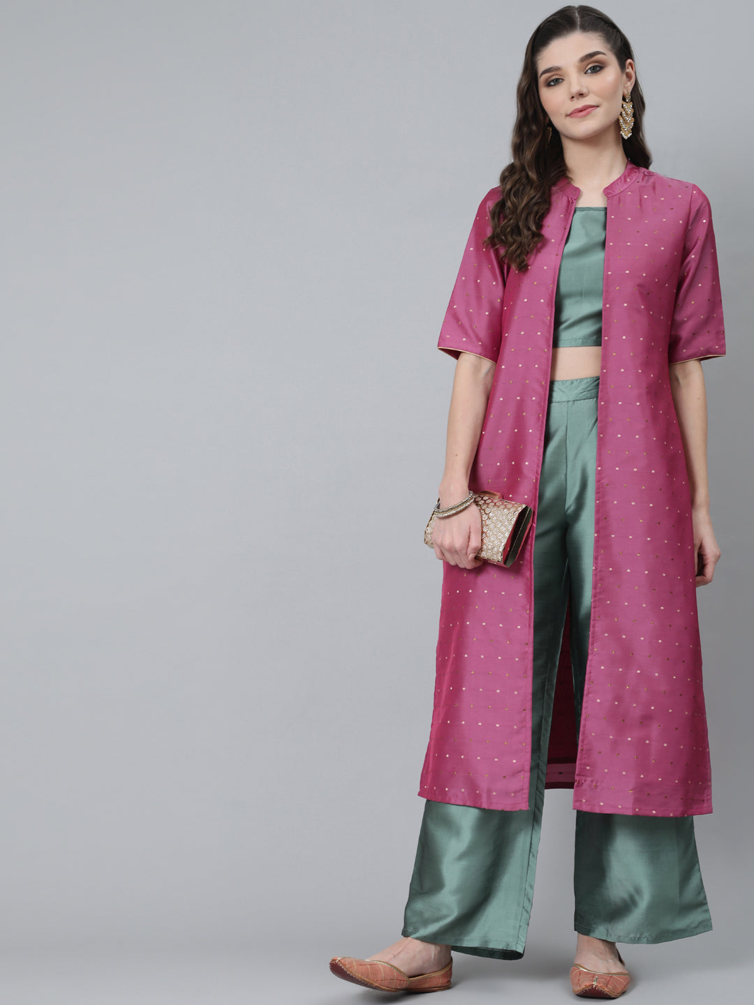 Pink Dobby Tafetta Co Ord Set With Jacket - Elganza