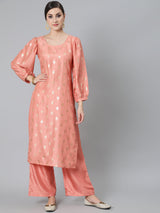Peach Foil Print Kurta With Palazzo - Elganza