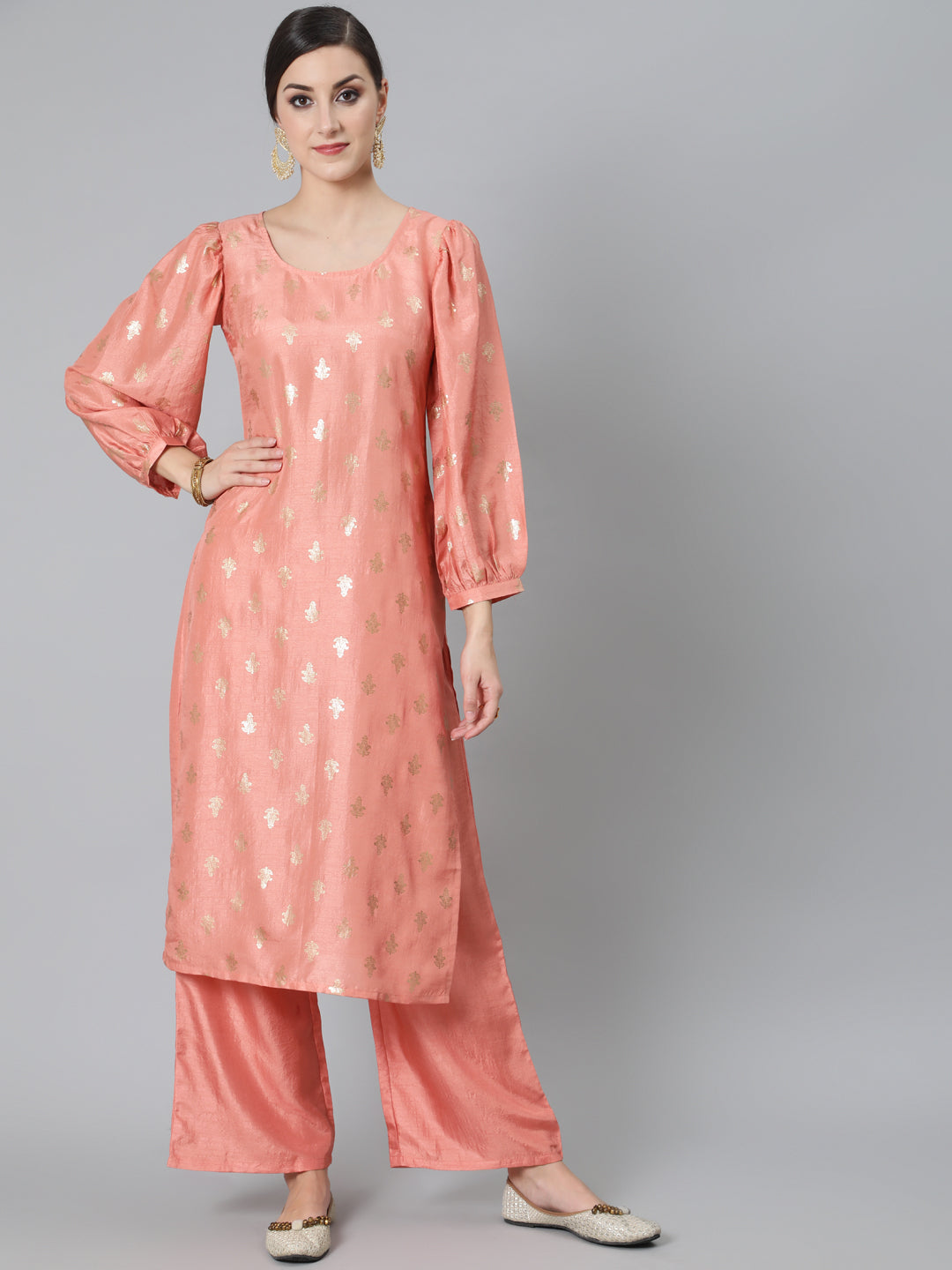 Peach Foil Print Kurta With Palazzo - Elganza