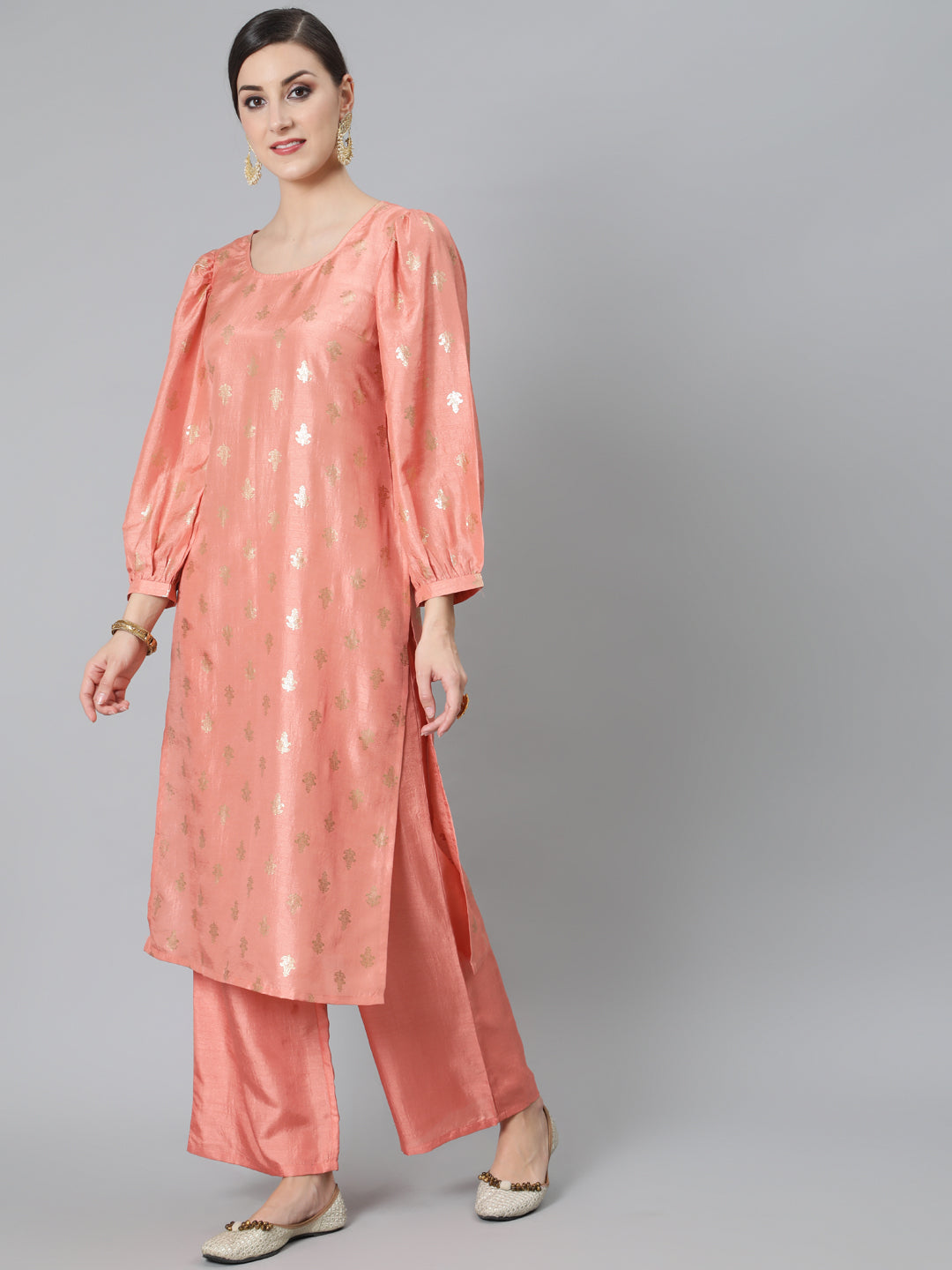 Peach Foil Print Kurta With Palazzo - Elganza