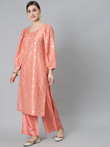 Peach Foil Print Kurta With Palazzo - Elganza