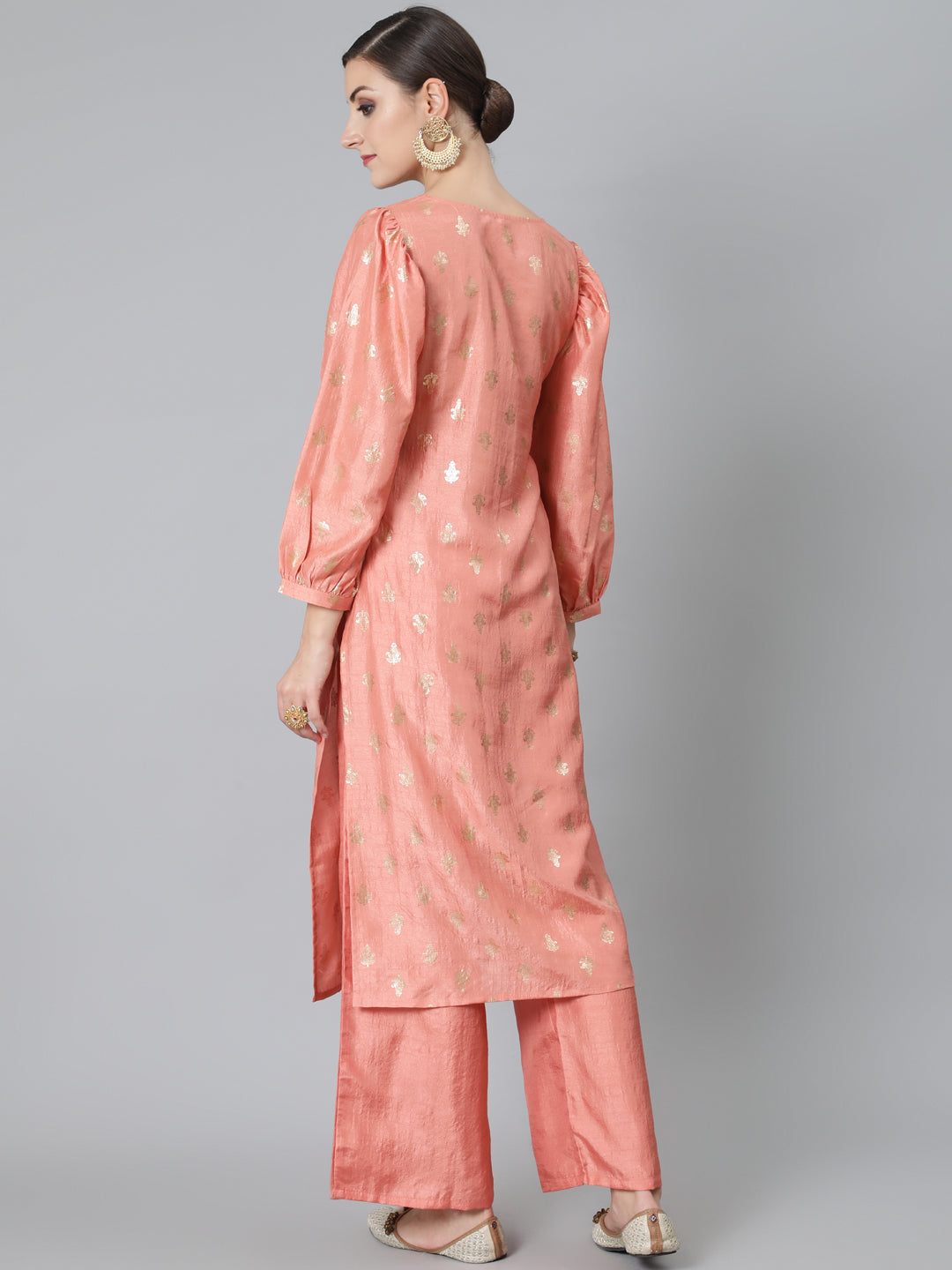 Peach Foil Print Kurta With Palazzo - Elganza
