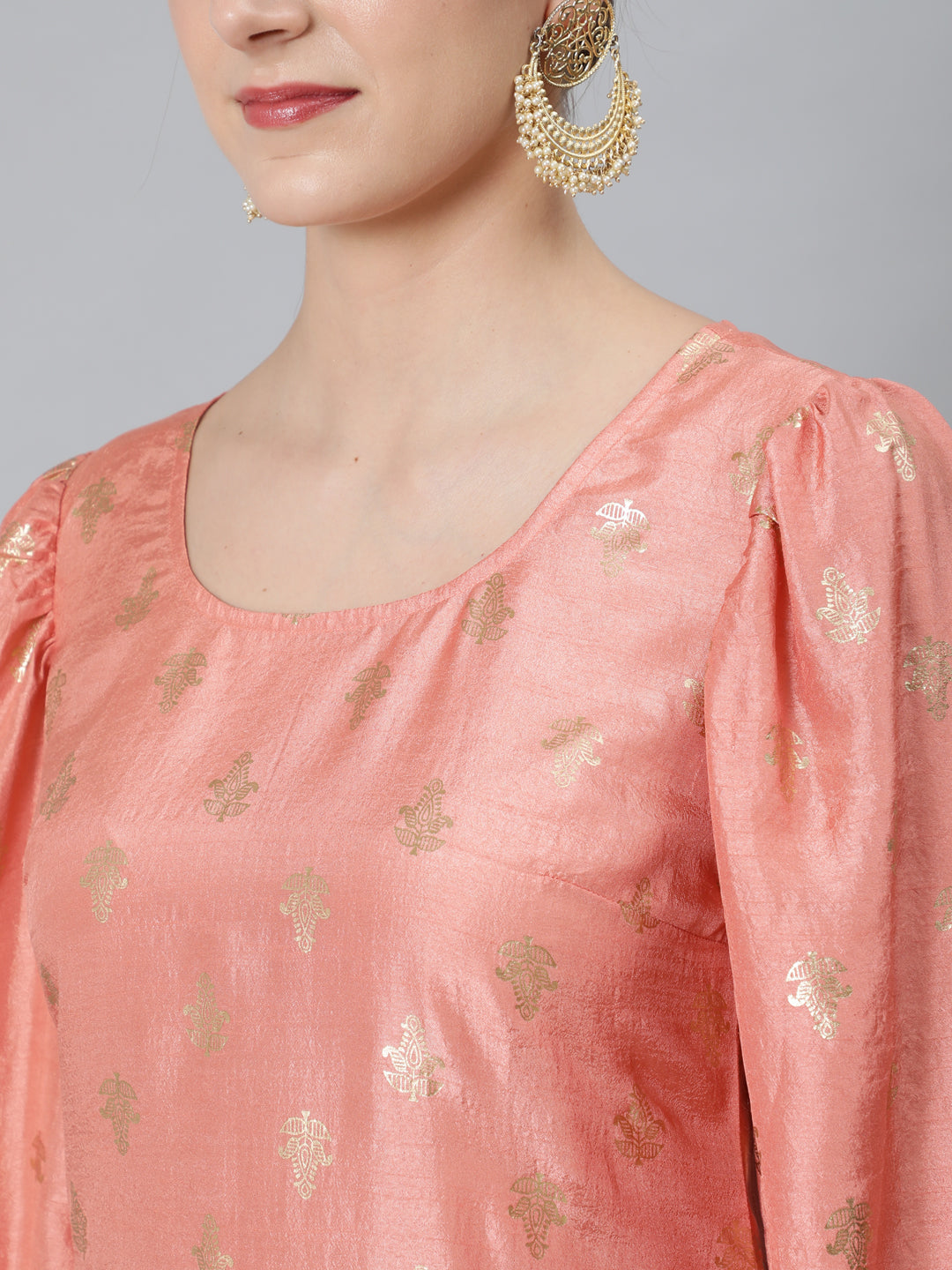 Peach Foil Print Kurta With Palazzo - Elganza