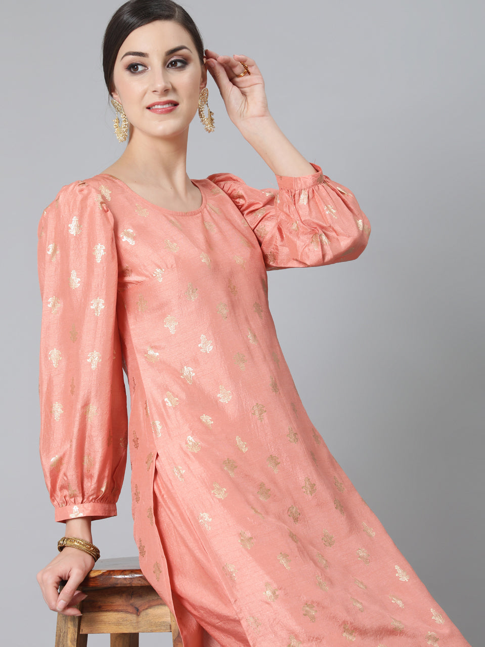 Peach Foil Print Kurta With Palazzo - Elganza