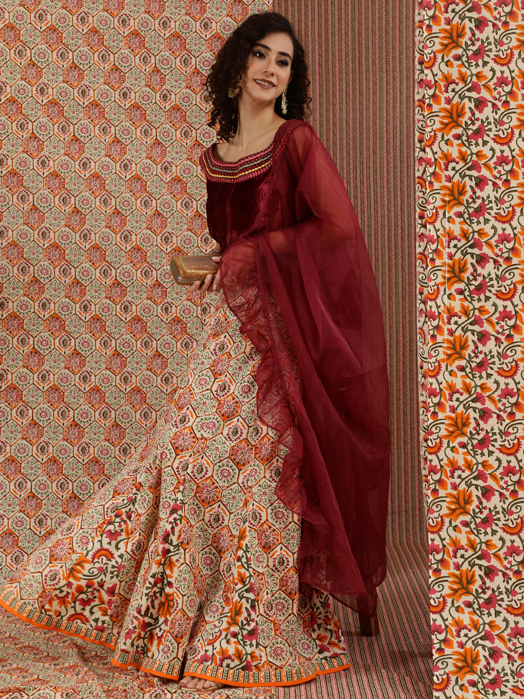 Maroon Floral Print Lehenga Choli With Dupatta - Elganza