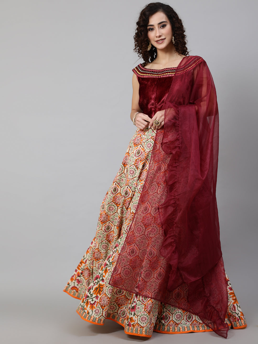 Maroon Floral Print Lehenga Choli With Dupatta - Elganza