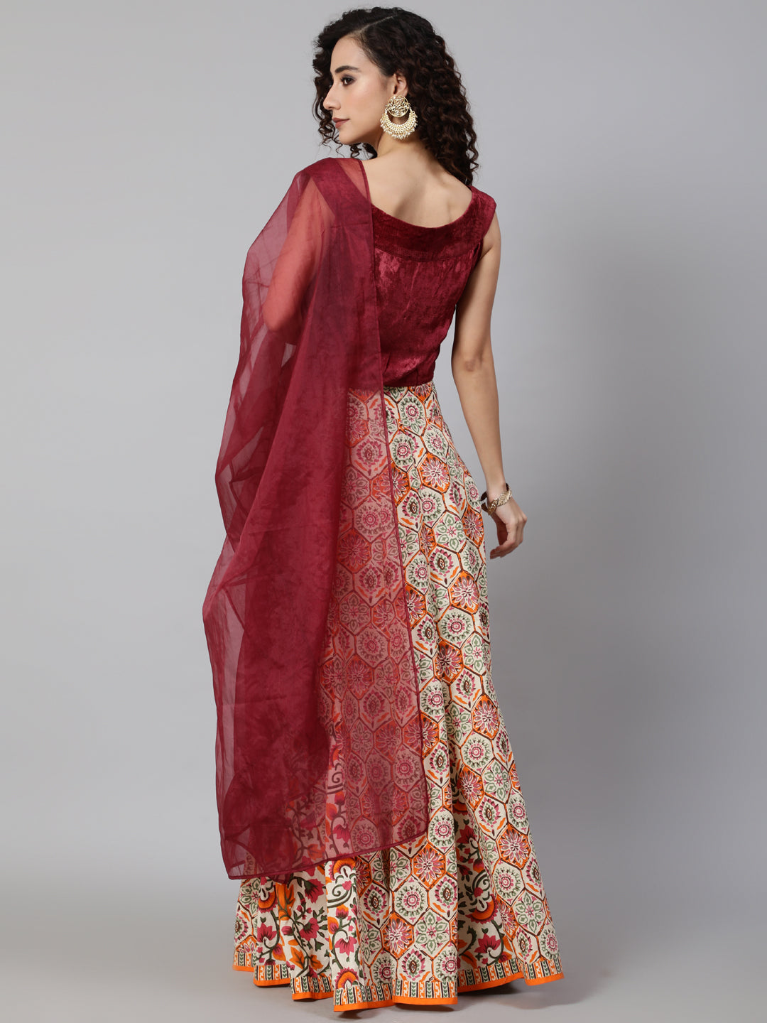 Maroon Floral Print Lehenga Choli With Dupatta - Elganza