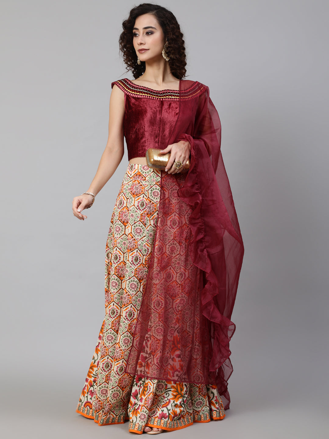 Maroon Floral Print Lehenga Choli With Dupatta - Elganza