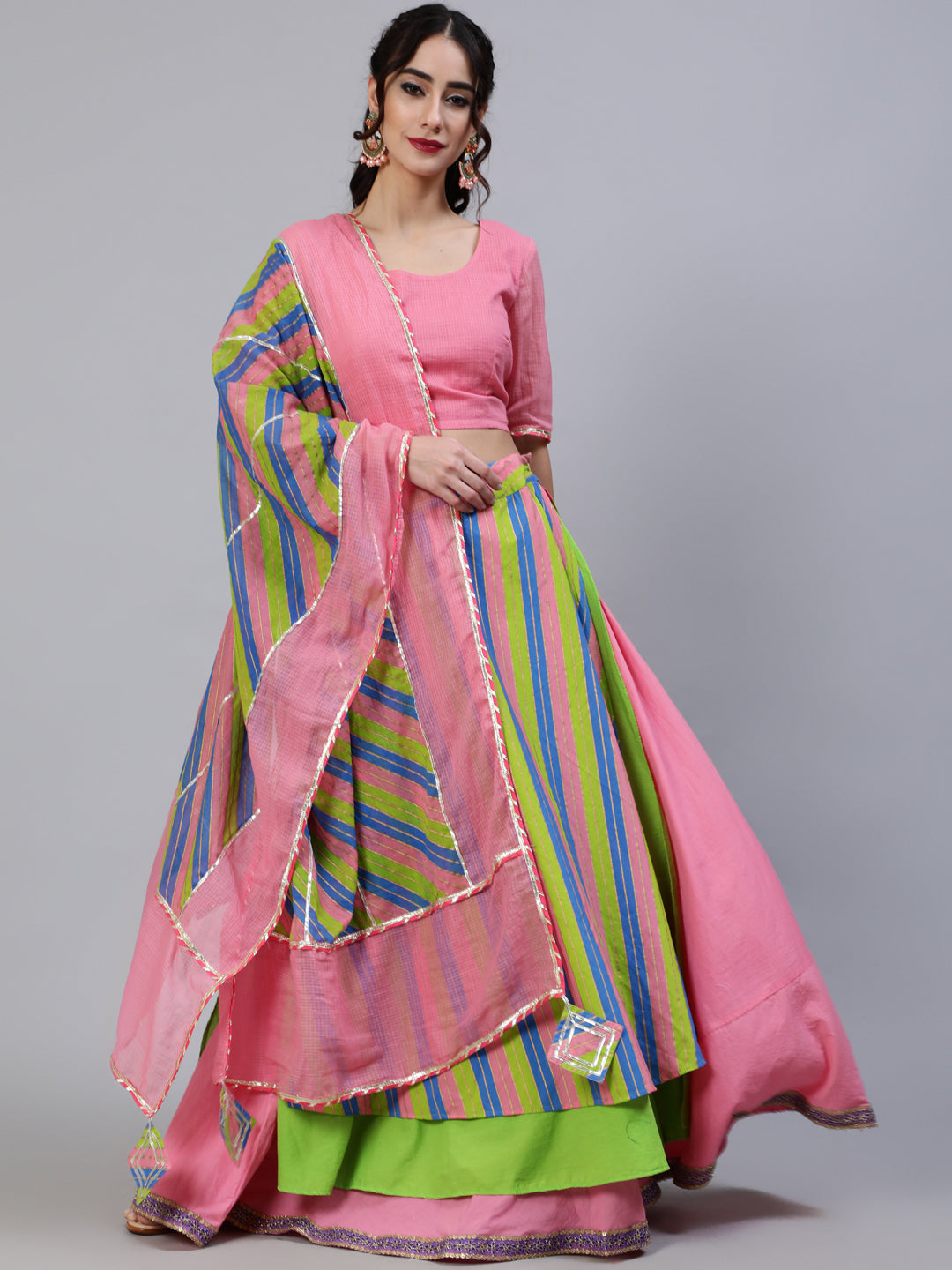 Leheriya Printed Layered Lehenga Choli With Dupatta - Elganza