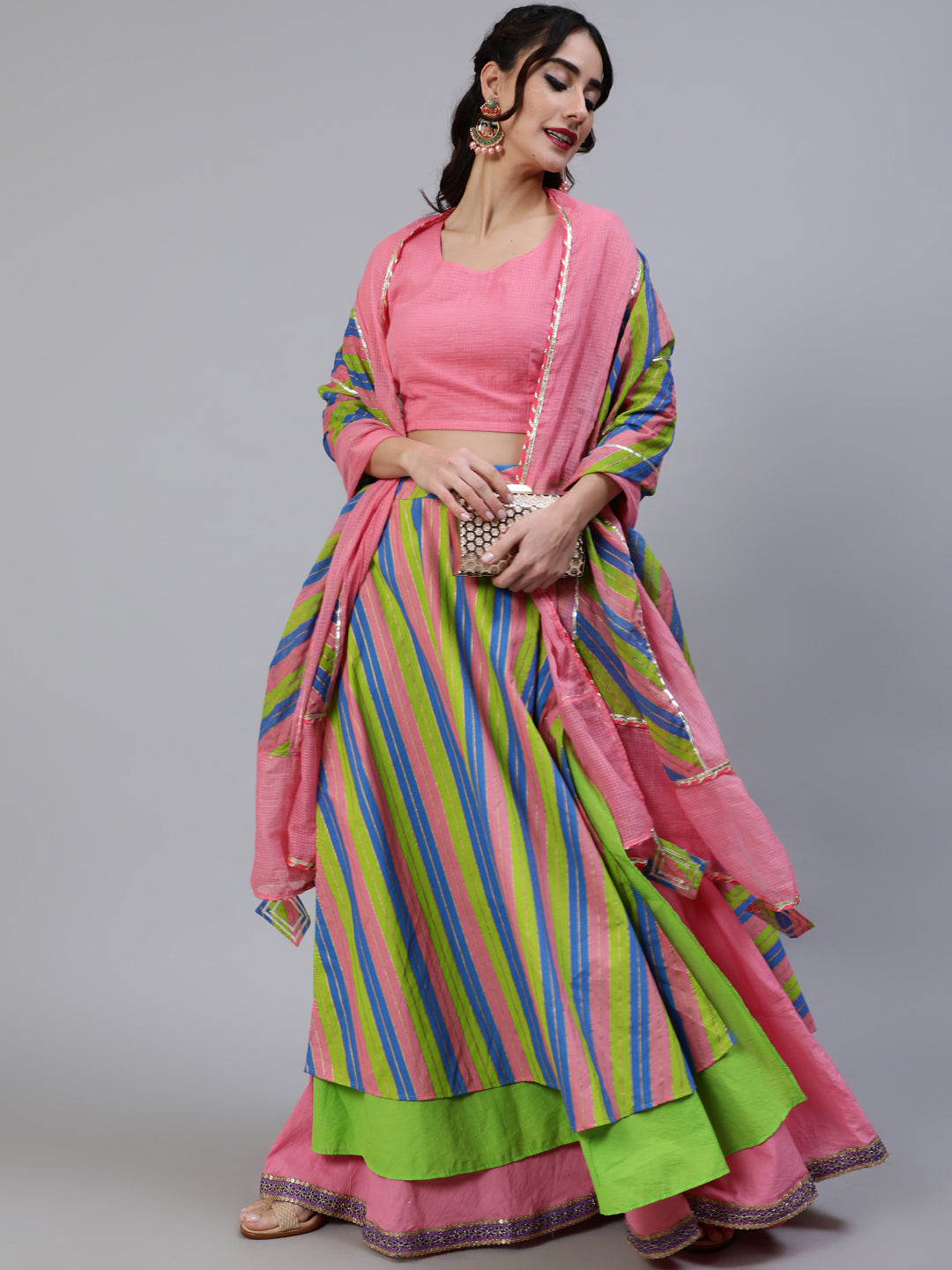 Leheriya Printed Layered Lehenga Choli With Dupatta - Elganza