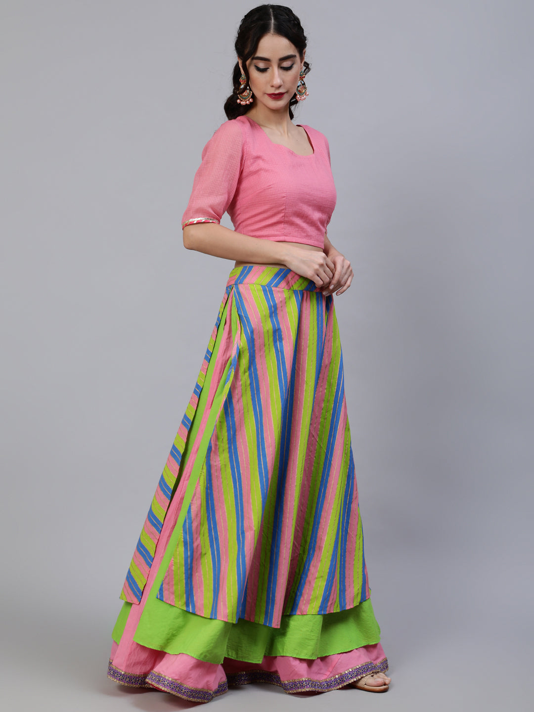 Leheriya Printed Layered Lehenga Choli With Dupatta - Elganza