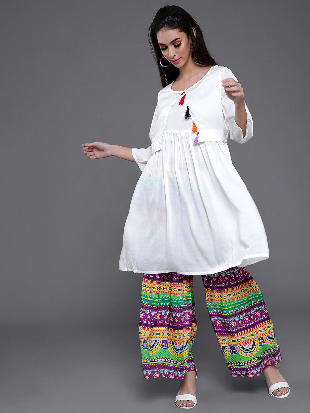 White Kurta With Printed Sharara - Elganza
