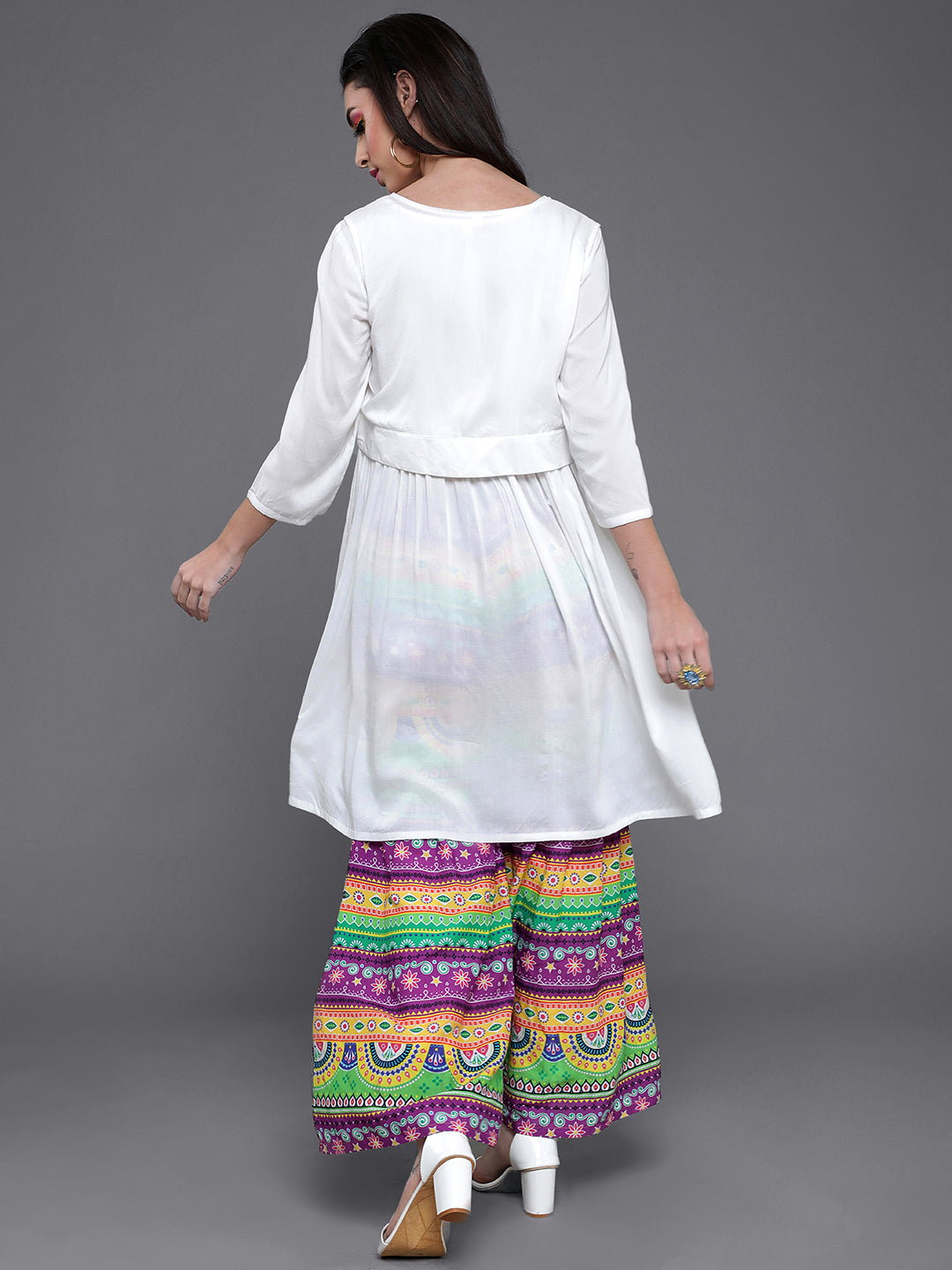 White Kurta With Printed Sharara - Elganza