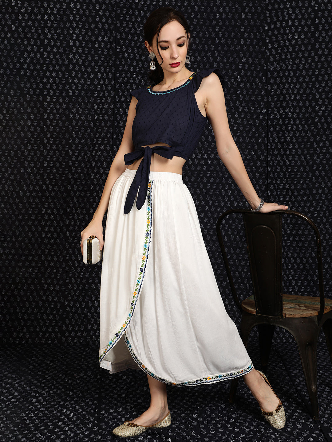 White & Blue Embroidered Co-Ord Set - Elganza