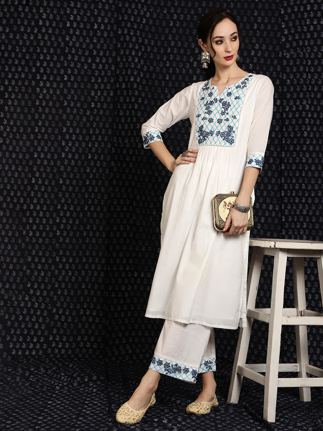 White Embroidered Kurta & Palazzo - Elganza