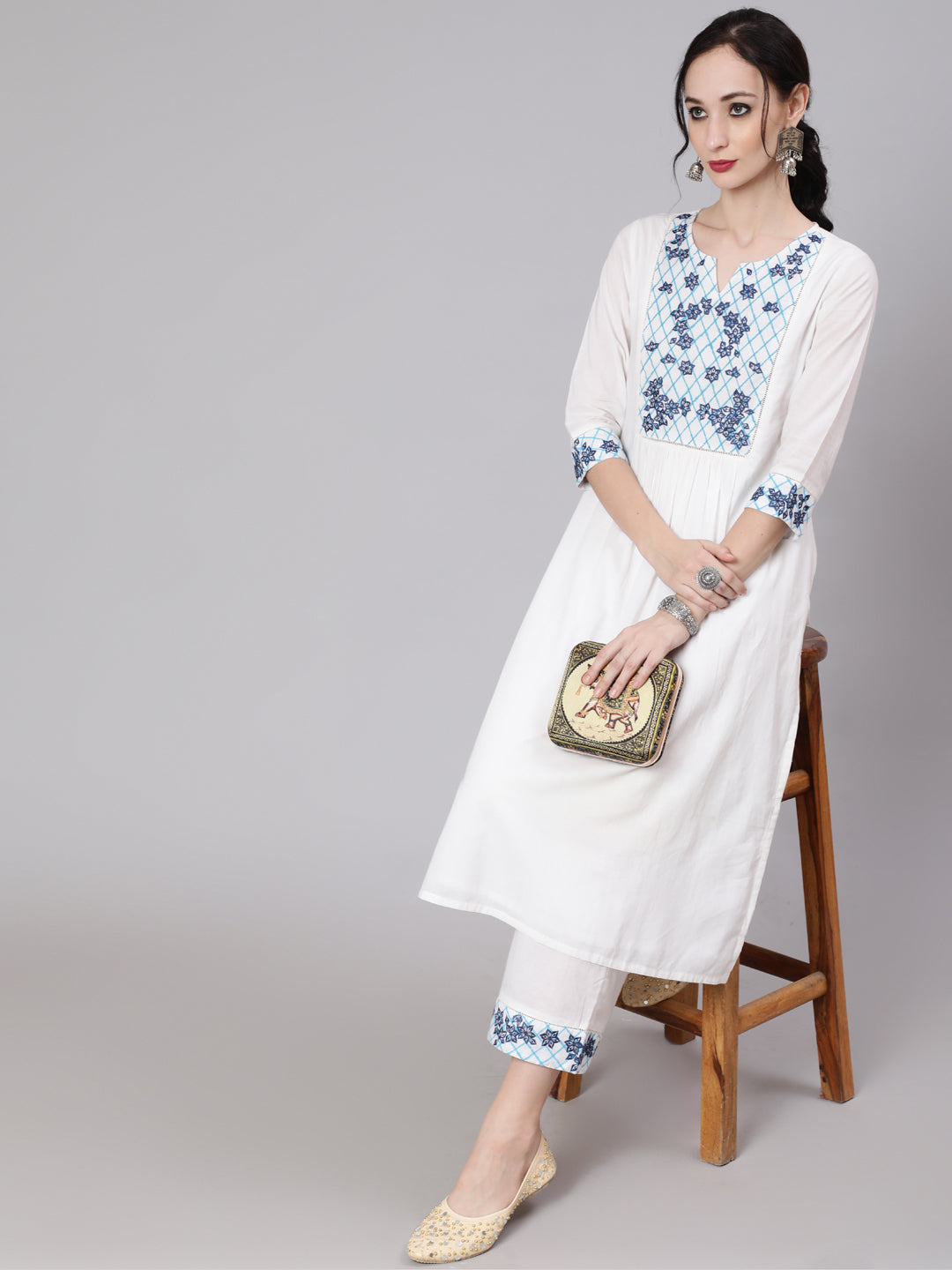 White Embroidered Kurta & Palazzo - Elganza
