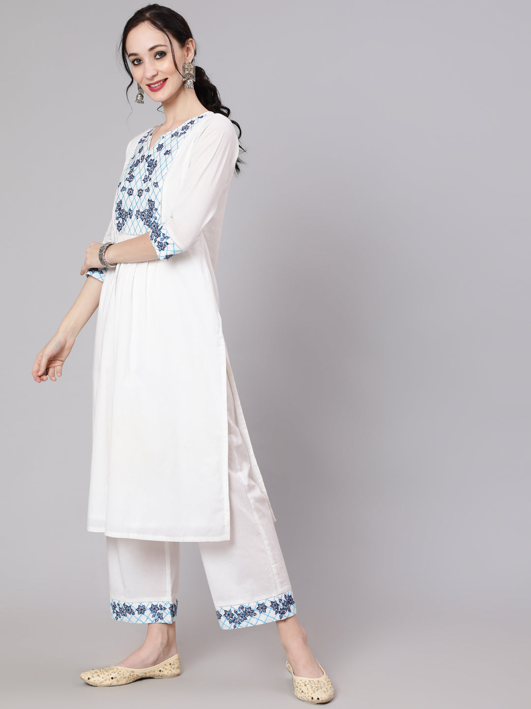 White Embroidered Kurta & Palazzo - Elganza