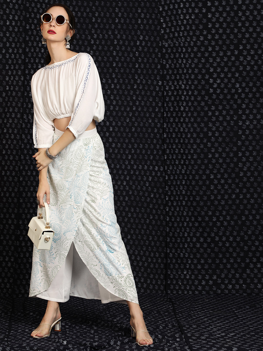 White Block Print Co-Ord Set - Elganza