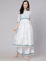 White Block Printed A-Line Kurta With Palazzo - Elganza