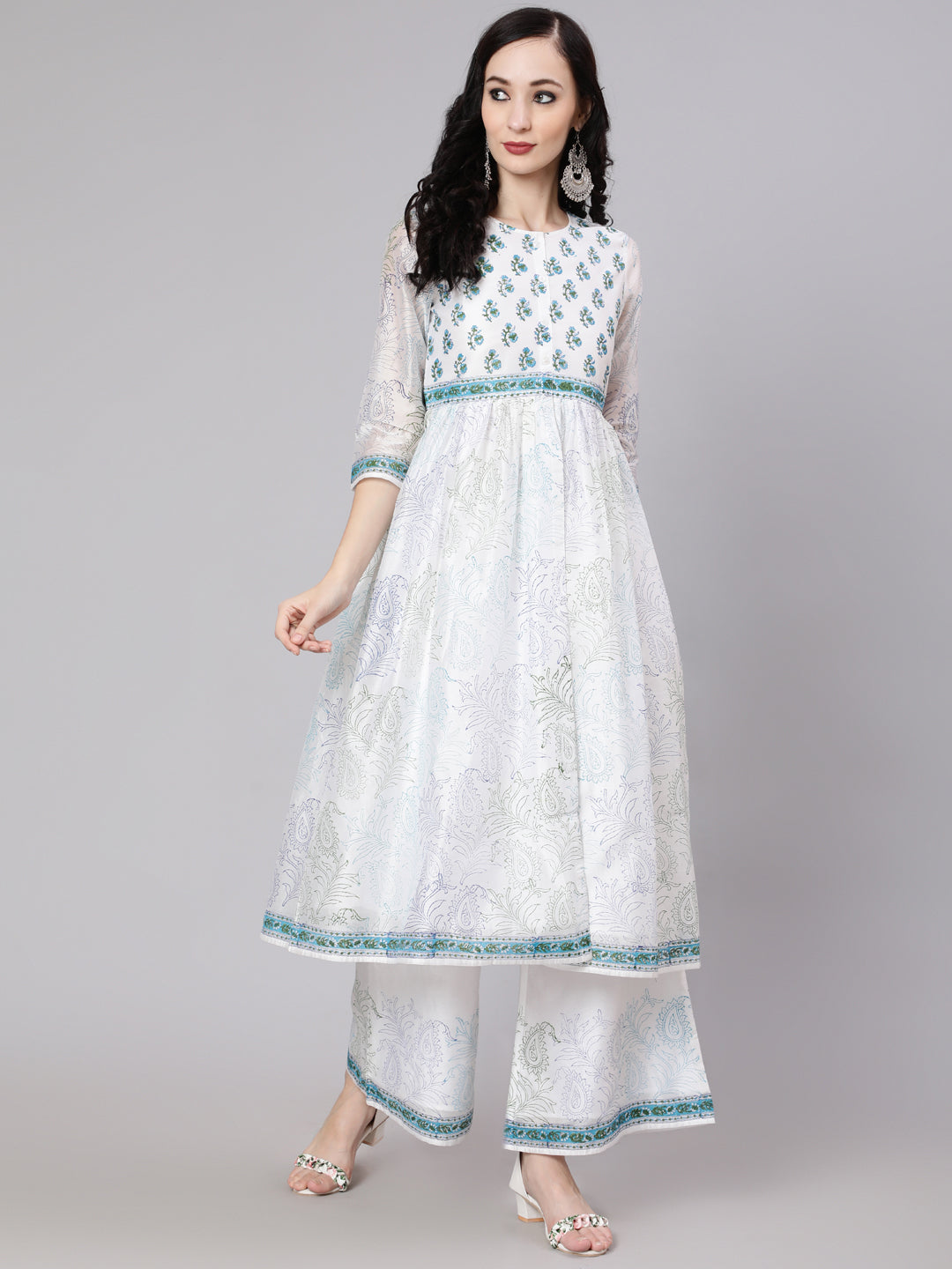 White Block Printed A-Line Kurta With Palazzo - Elganza
