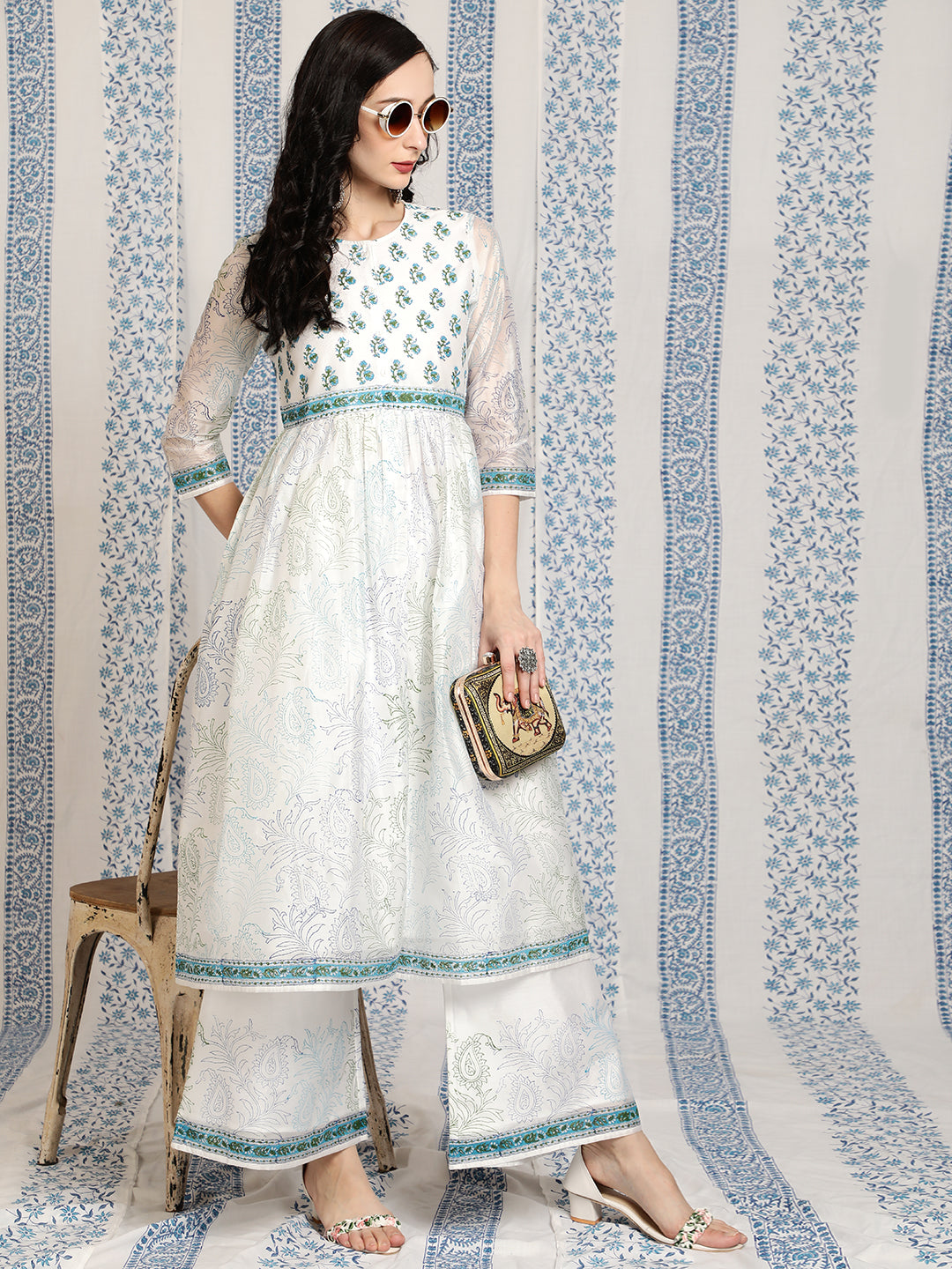 White Block Printed A-Line Kurta With Palazzo - Elganza
