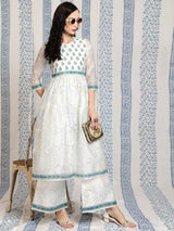 White Block Printed A-Line Kurta With Palazzo - Elganza