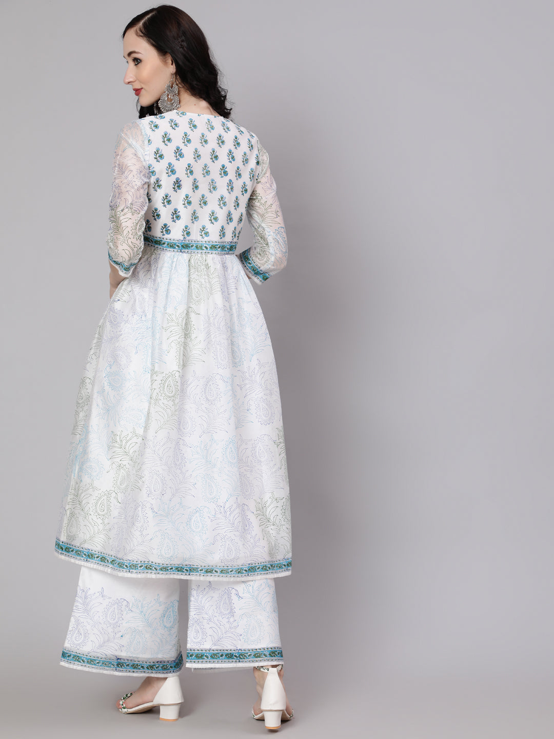White Block Printed A-Line Kurta With Palazzo - Elganza