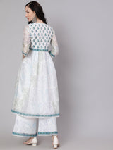 White Block Printed A-Line Kurta With Palazzo - Elganza