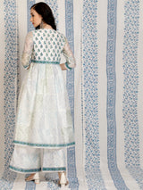 White Block Printed A-Line Kurta With Palazzo - Elganza