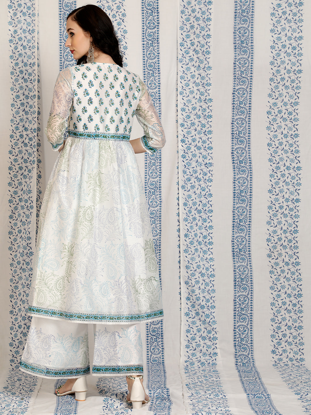 White Block Printed A-Line Kurta With Palazzo - Elganza