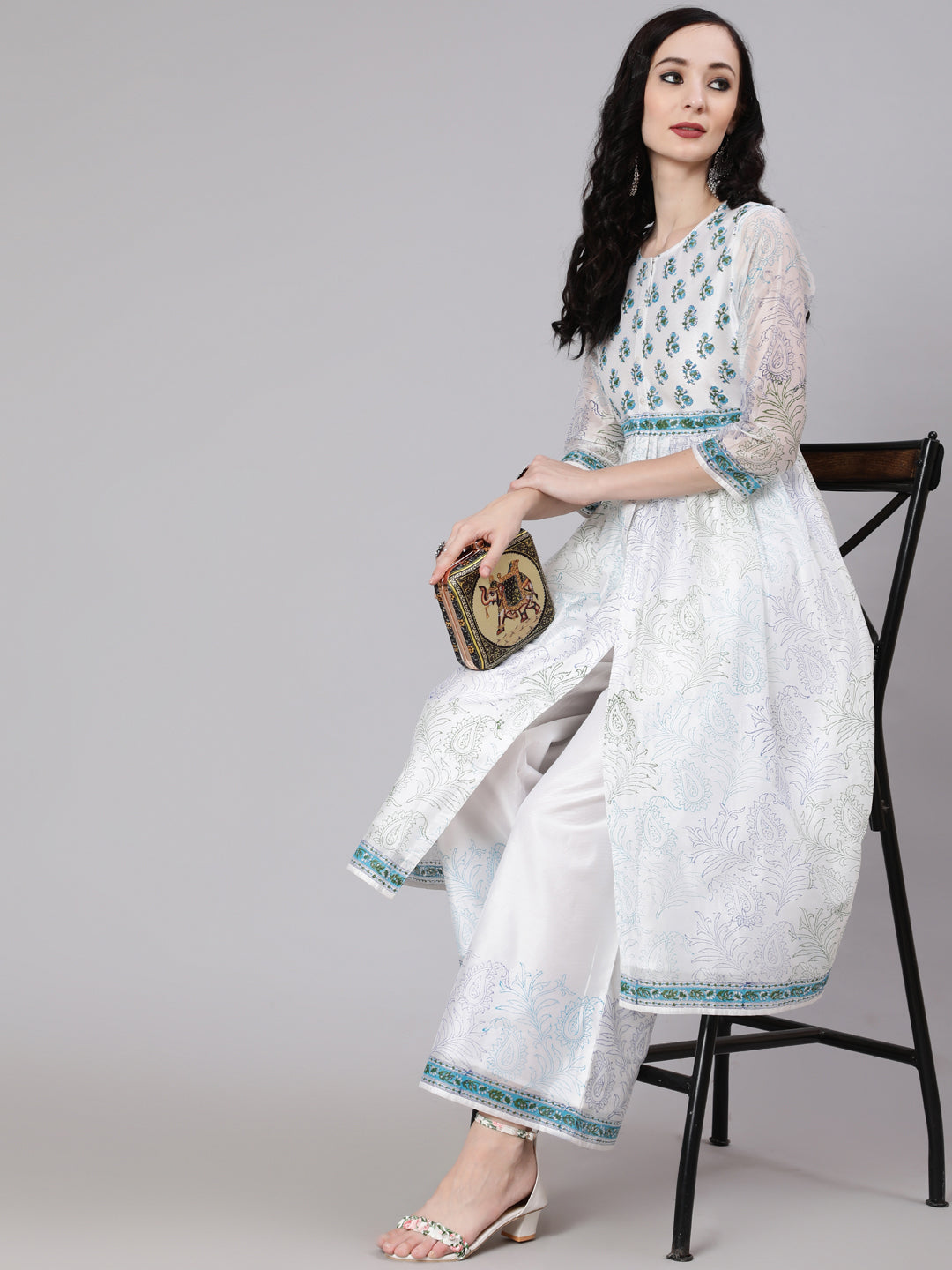 White Block Printed A-Line Kurta With Palazzo - Elganza