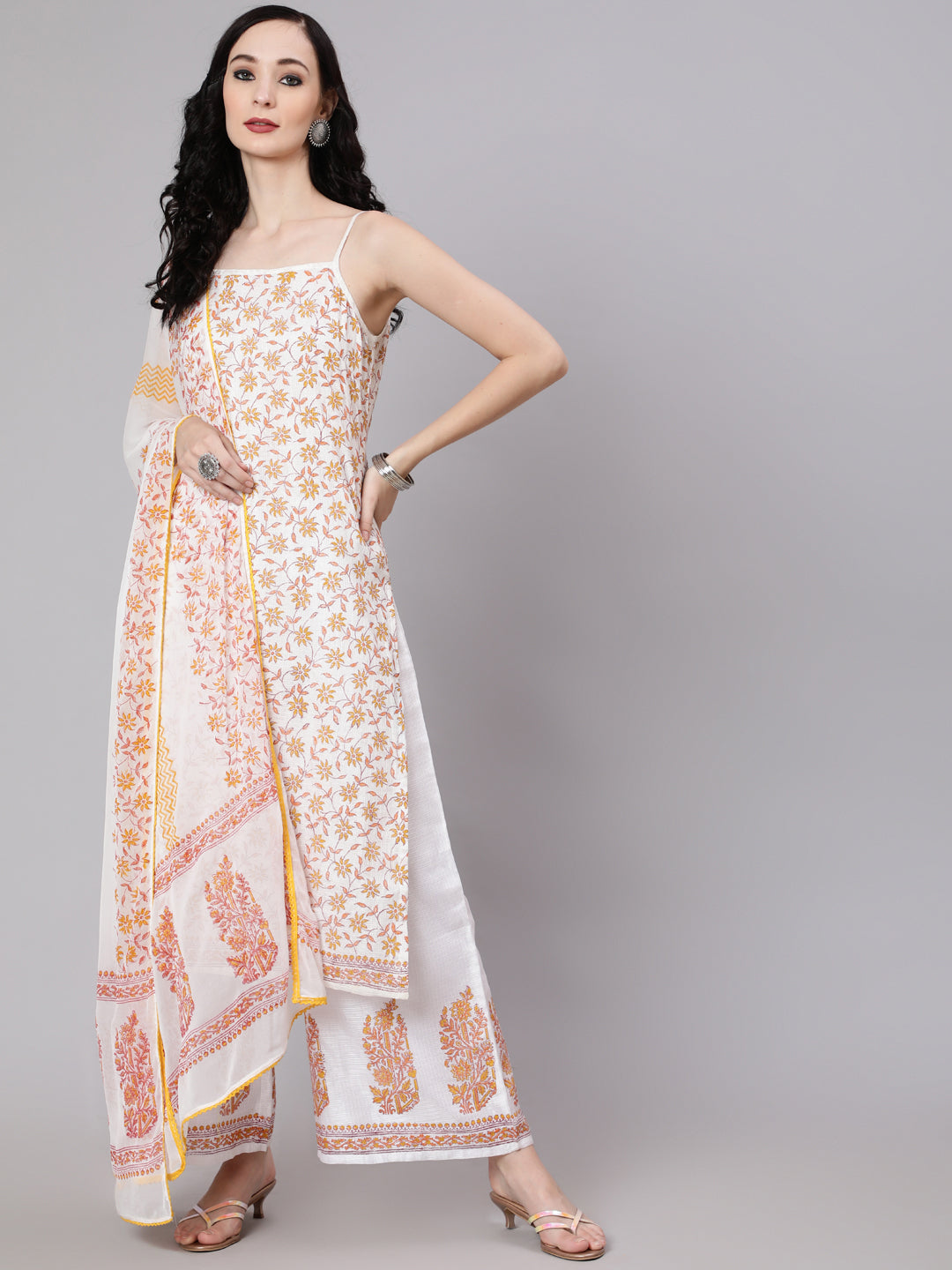 White Block Print Kurta Palazzo With Dupatta - Elganza