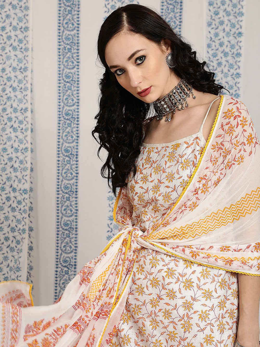 White Block Print Kurta Palazzo With Dupatta - Elganza