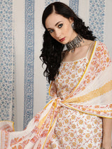 White Block Print Kurta Palazzo With Dupatta - Elganza
