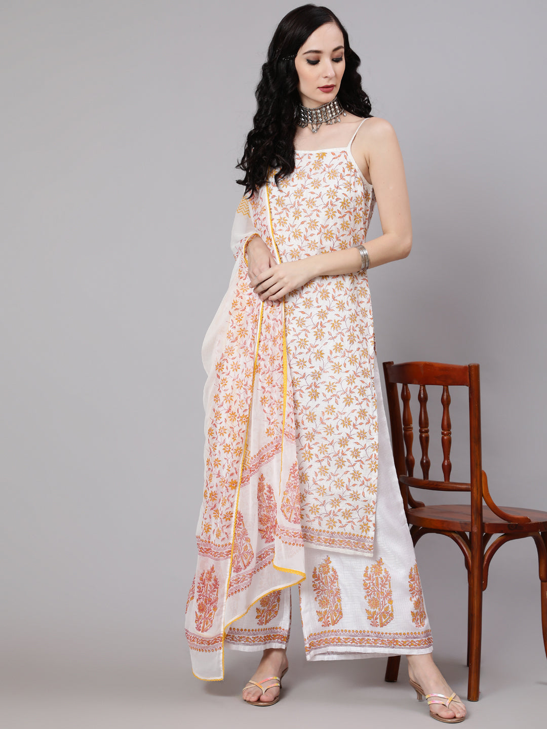 White Block Print Kurta Palazzo With Dupatta - Elganza