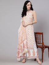 White Block Print Kurta Palazzo With Dupatta - Elganza