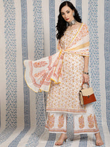 White Block Print Kurta Palazzo With Dupatta - Elganza