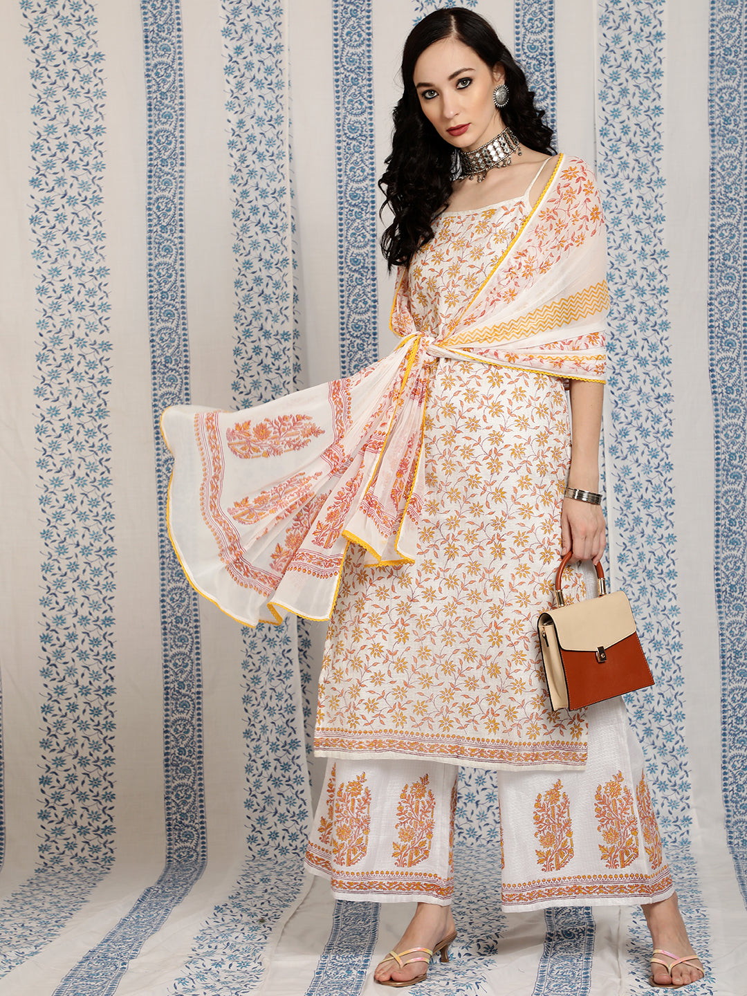 White Block Print Kurta Palazzo With Dupatta - Elganza