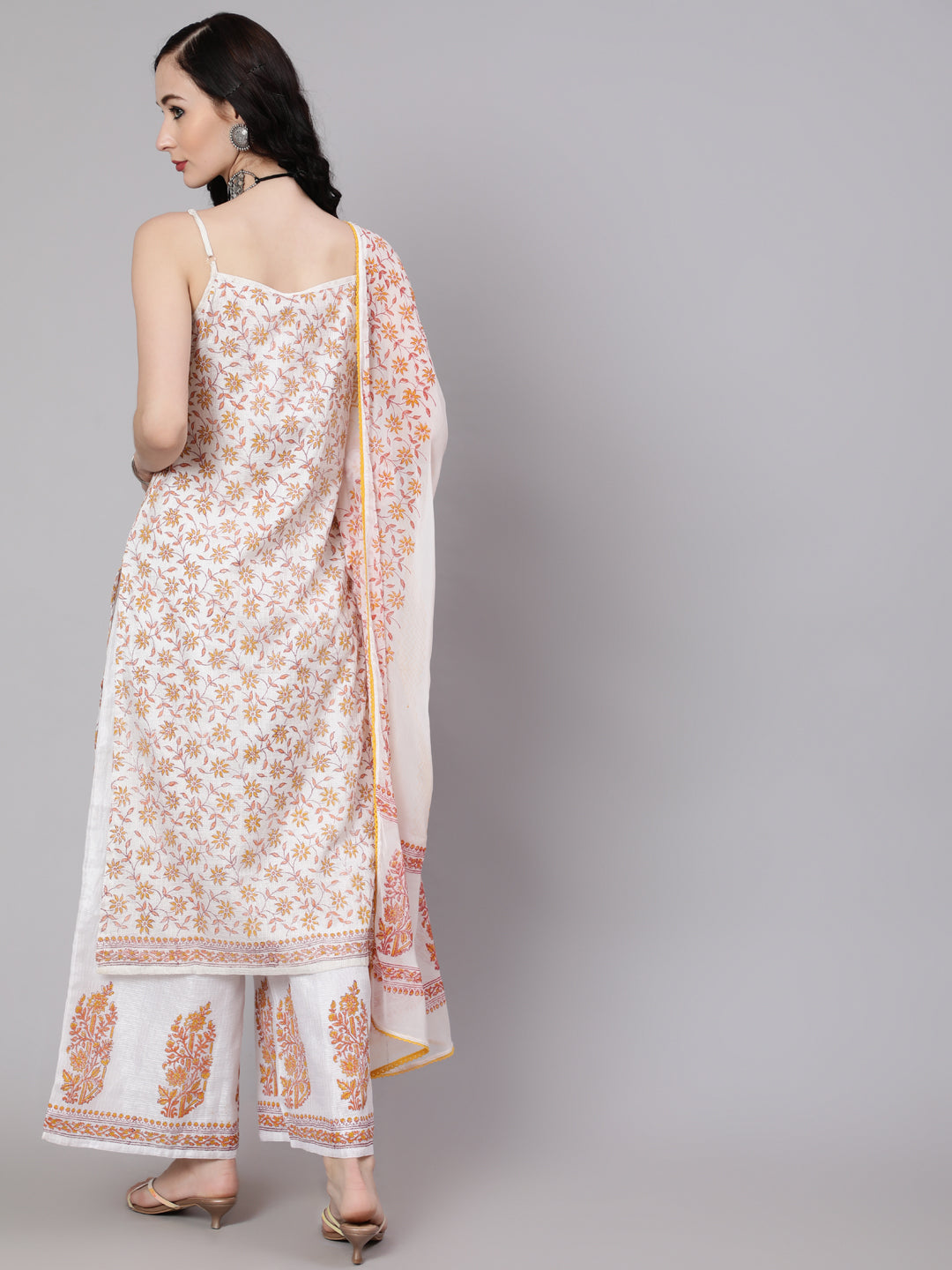 White Block Print Kurta Palazzo With Dupatta - Elganza