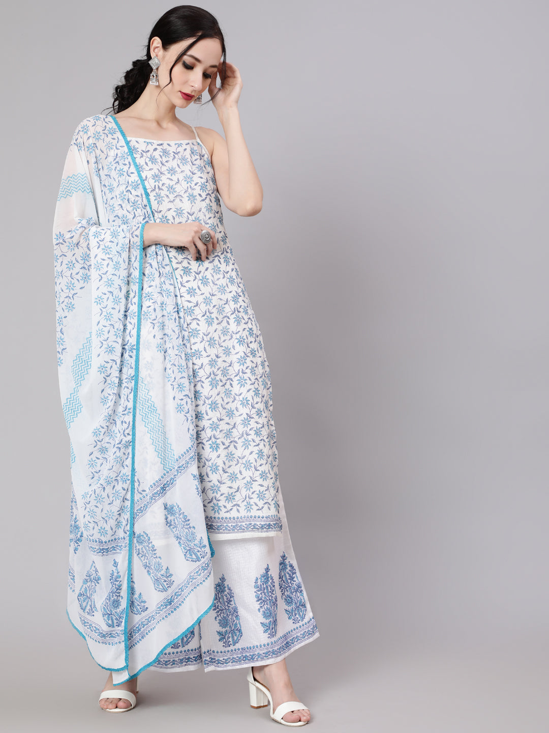 White Block Printed Kurta Palazzo With Dupatta - Elganza