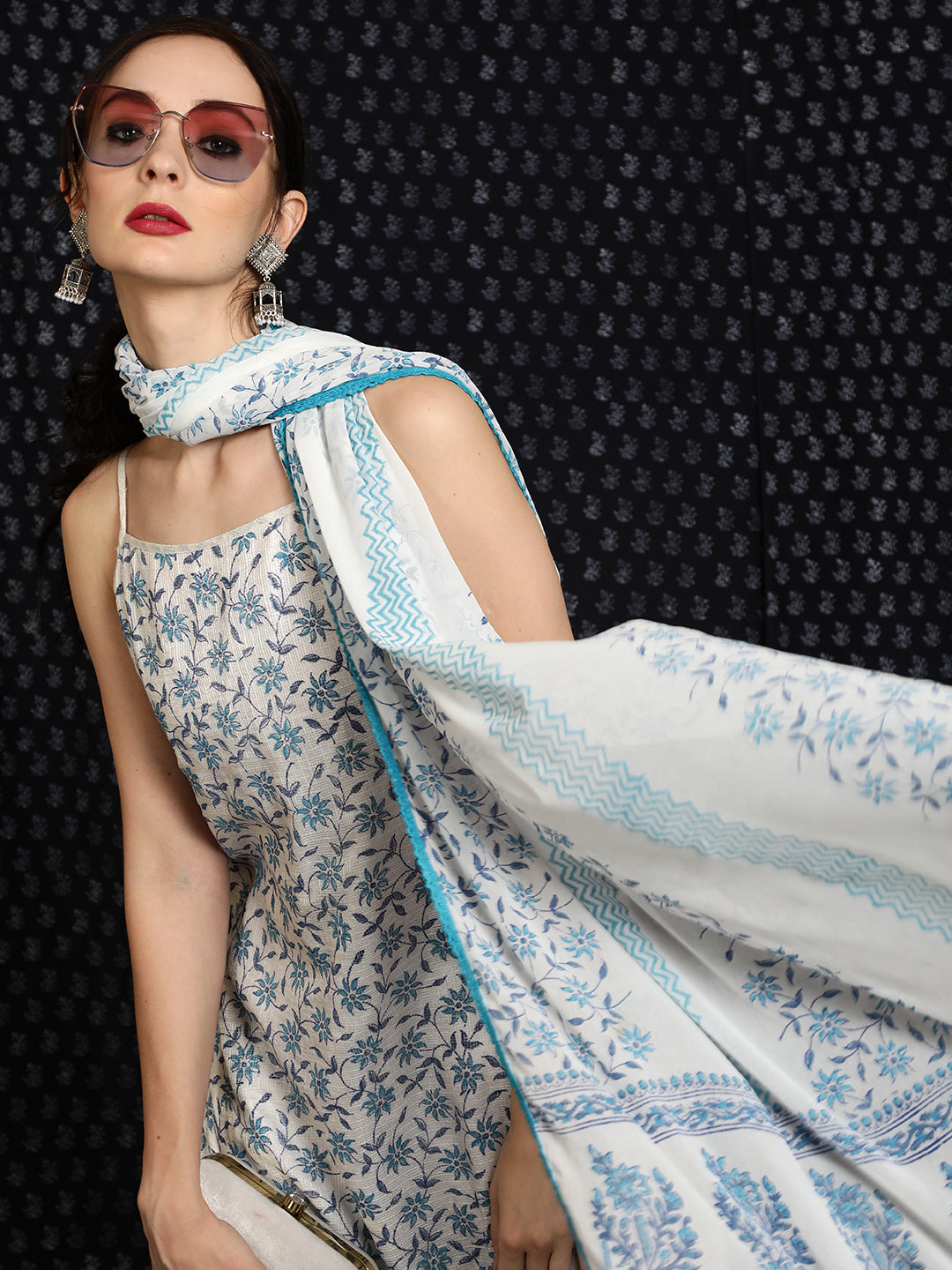 White Block Printed Kurta Palazzo With Dupatta - Elganza
