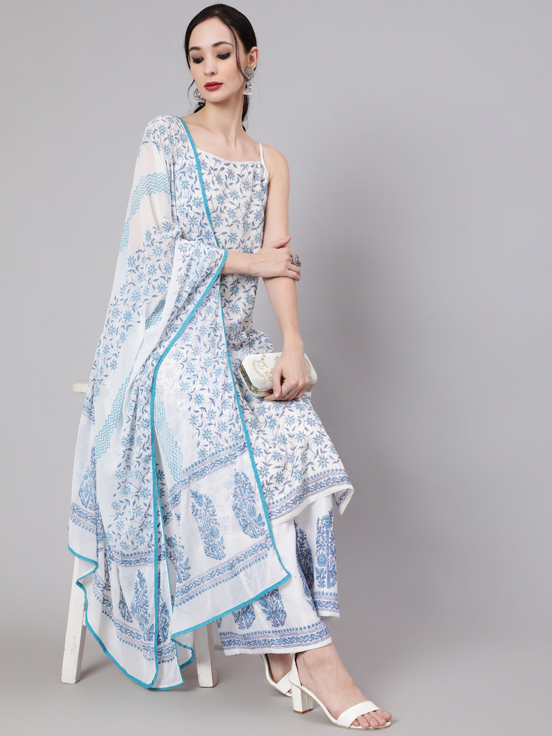 White Block Printed Kurta Palazzo With Dupatta - Elganza