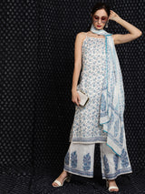 White Block Printed Kurta Palazzo With Dupatta - Elganza