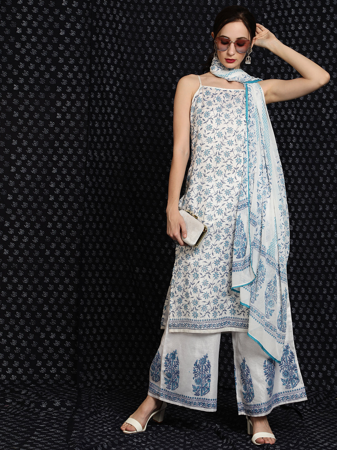 White Block Printed Kurta Palazzo With Dupatta - Elganza