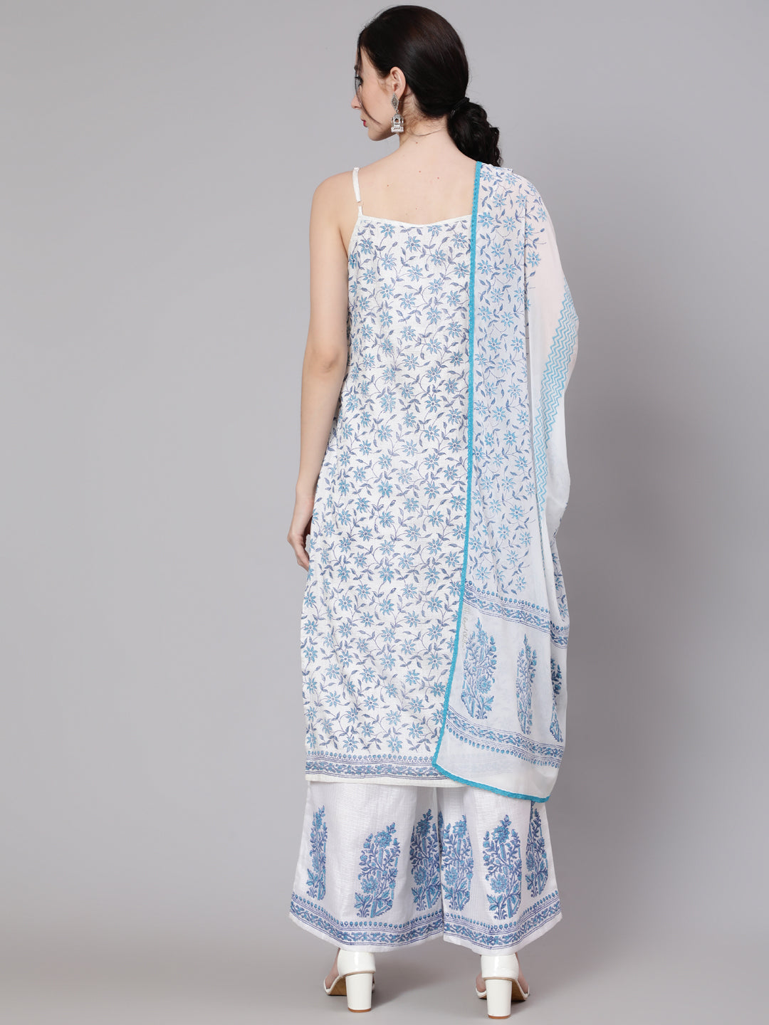 White Block Printed Kurta Palazzo With Dupatta - Elganza